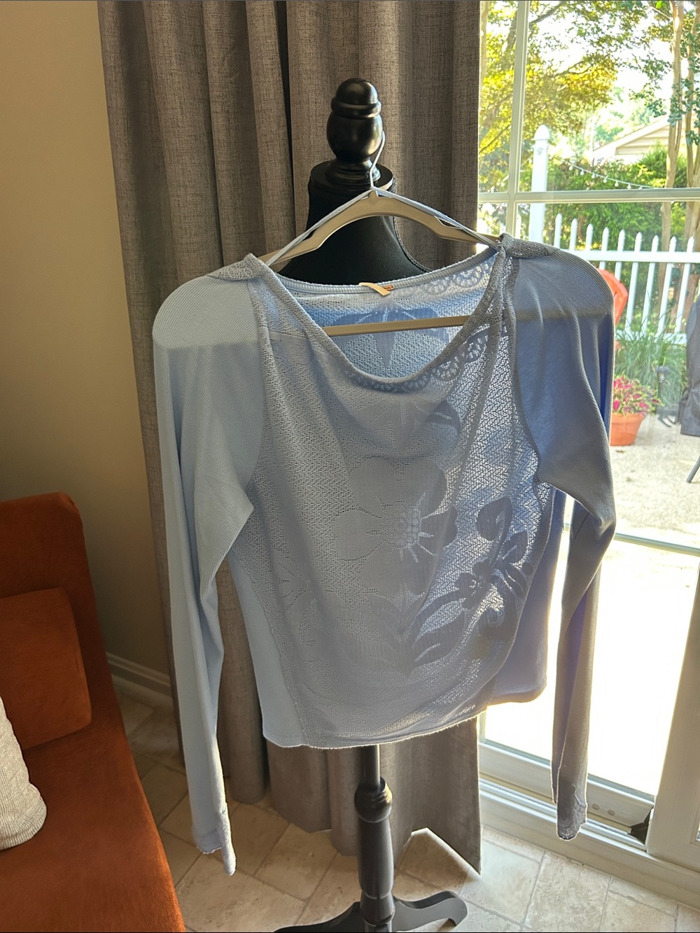 Free People Pale Blue Sheer Long-Sleeve Floral Top